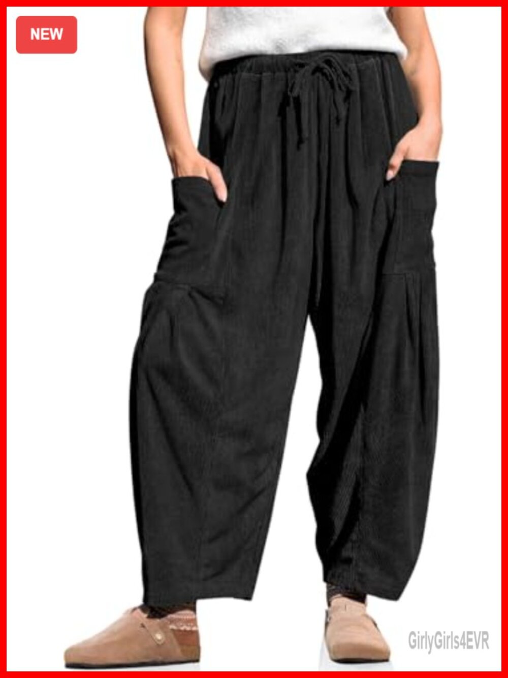 Corduroy Barrel Pants Wide Leg Drawstring Waist with Pockets